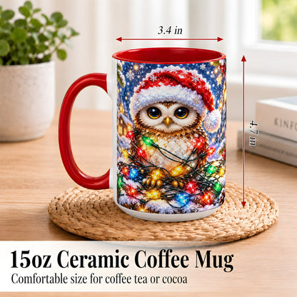#pl[15oz|Red] Christmas Owl Coffee Mug, Holiday Lights Owl Mug, Crystal Style Ceramic Cup