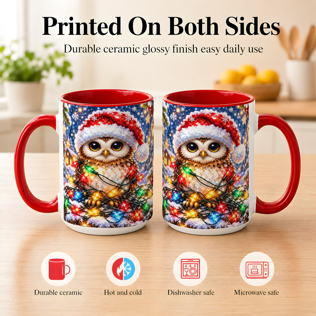 #pl[15oz|Red] Christmas Owl Coffee Mug, Holiday Lights Owl Mug, Crystal Style Ceramic Cup