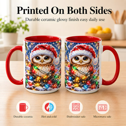 #pl[15oz|Red] Christmas Owl Coffee Mug, Holiday Lights Owl Mug, Crystal Style Ceramic Cup