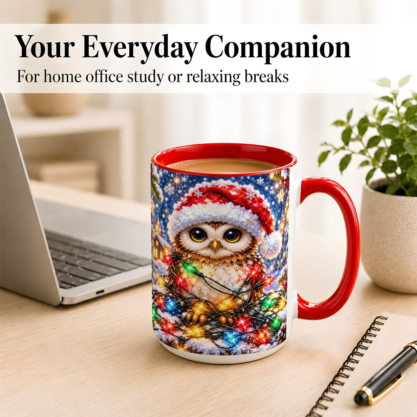 #pl[15oz|Red] Christmas Owl Coffee Mug, Holiday Lights Owl Mug, Crystal Style Ceramic Cup