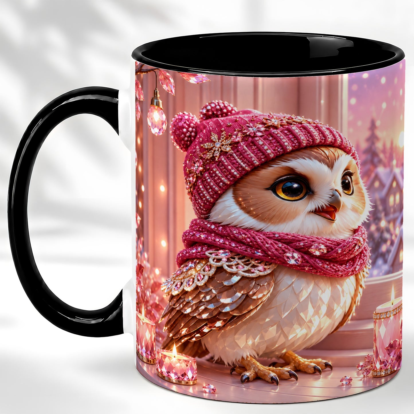 #pl[11oz|Black] Pink Winter Owl Coffee Mug, Cozy Owl Mug, Crystal Style Ceramic Cup