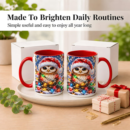 #pl[15oz|Red] Christmas Owl Coffee Mug, Holiday Lights Owl Mug, Crystal Style Ceramic Cup