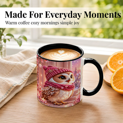 #pl[11oz|Black] Pink Winter Owl Coffee Mug, Cozy Owl Mug, Crystal Style Ceramic Cup