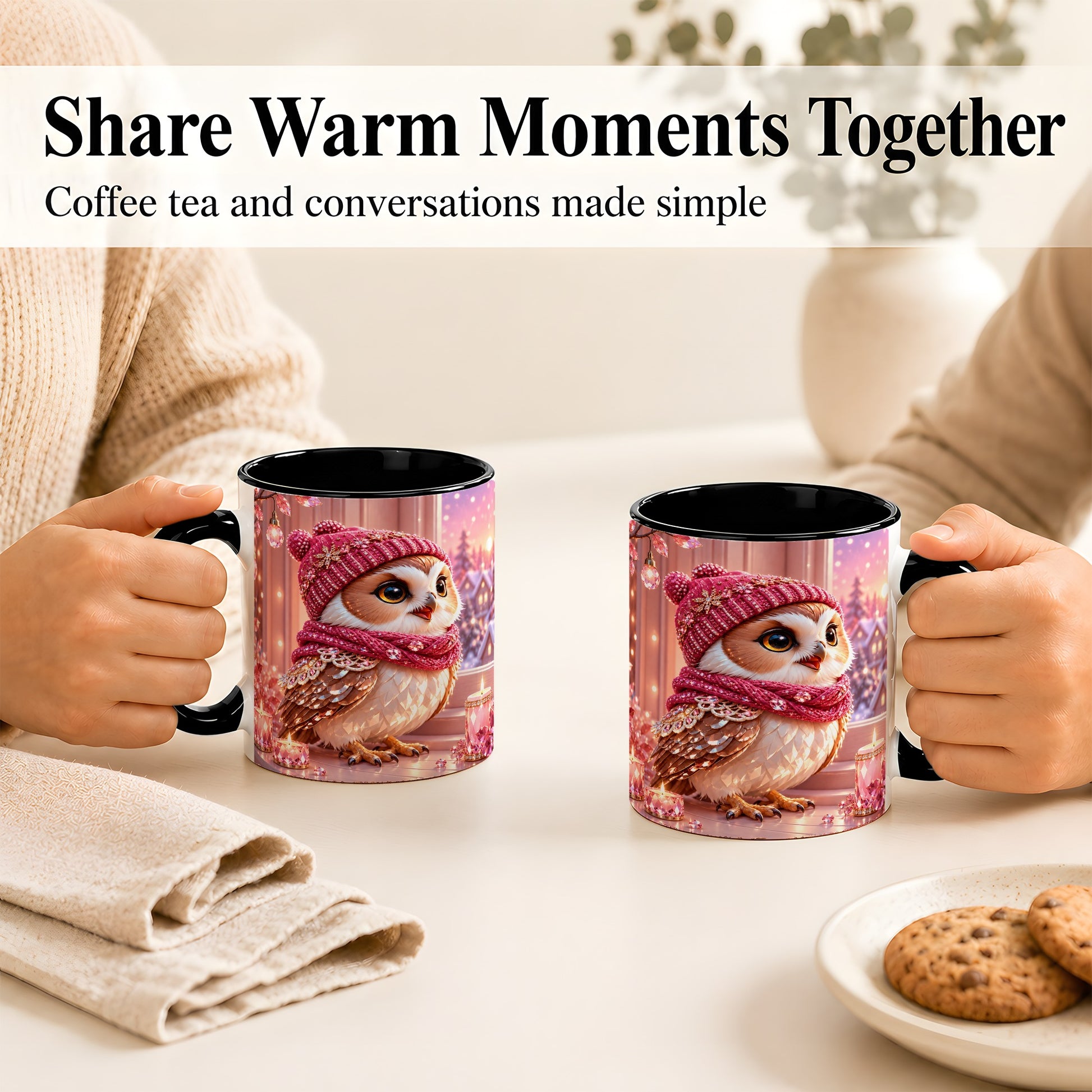 #pl[11oz|Black] Pink Winter Owl Coffee Mug, Cozy Owl Mug, Crystal Style Ceramic Cup