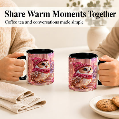 #pl[11oz|Black] Pink Winter Owl Coffee Mug, Cozy Owl Mug, Crystal Style Ceramic Cup