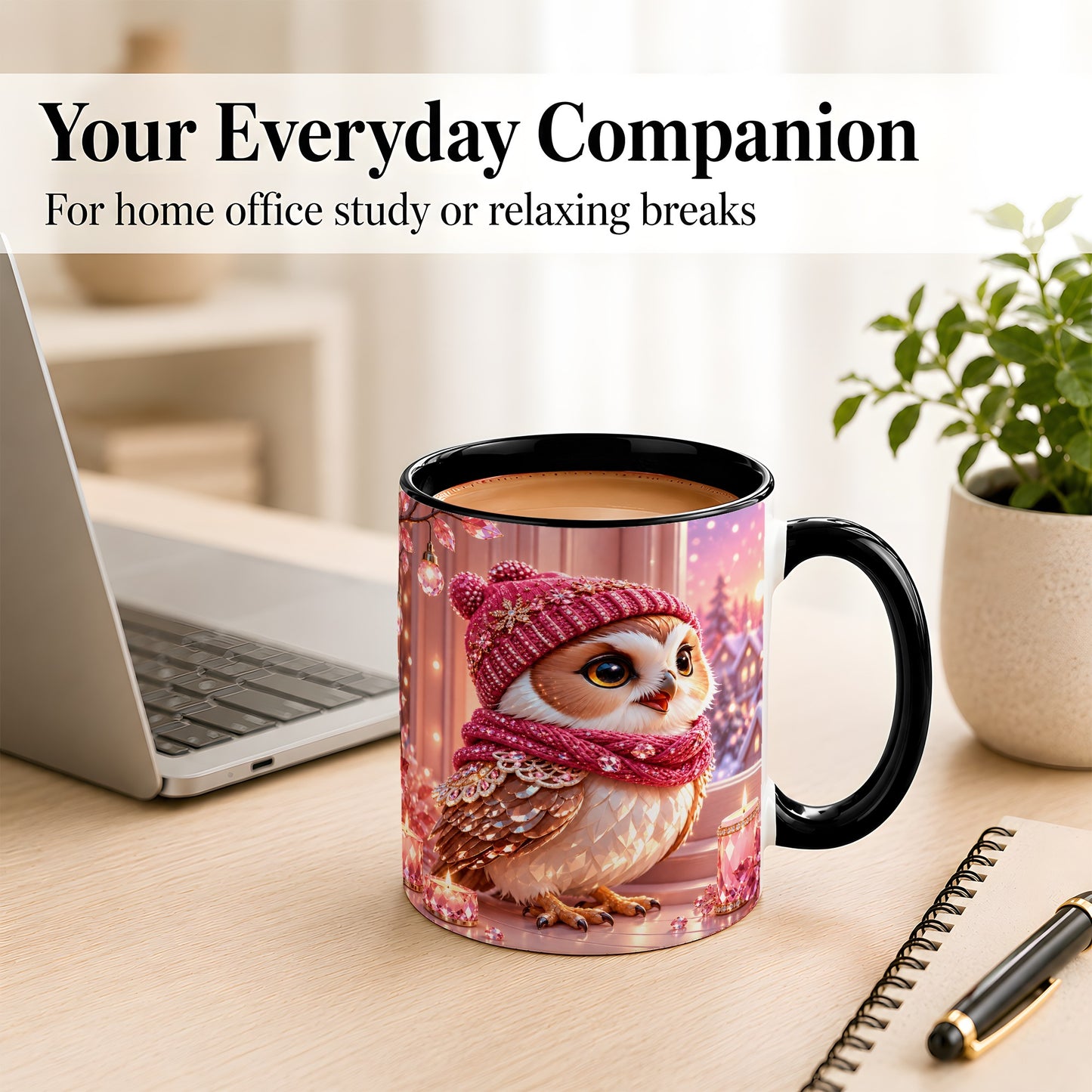 #pl[11oz|Black] Pink Winter Owl Coffee Mug, Cozy Owl Mug, Crystal Style Ceramic Cup