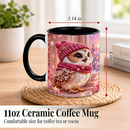 #pl[11oz|Black] Pink Winter Owl Coffee Mug, Cozy Owl Mug, Crystal Style Ceramic Cup