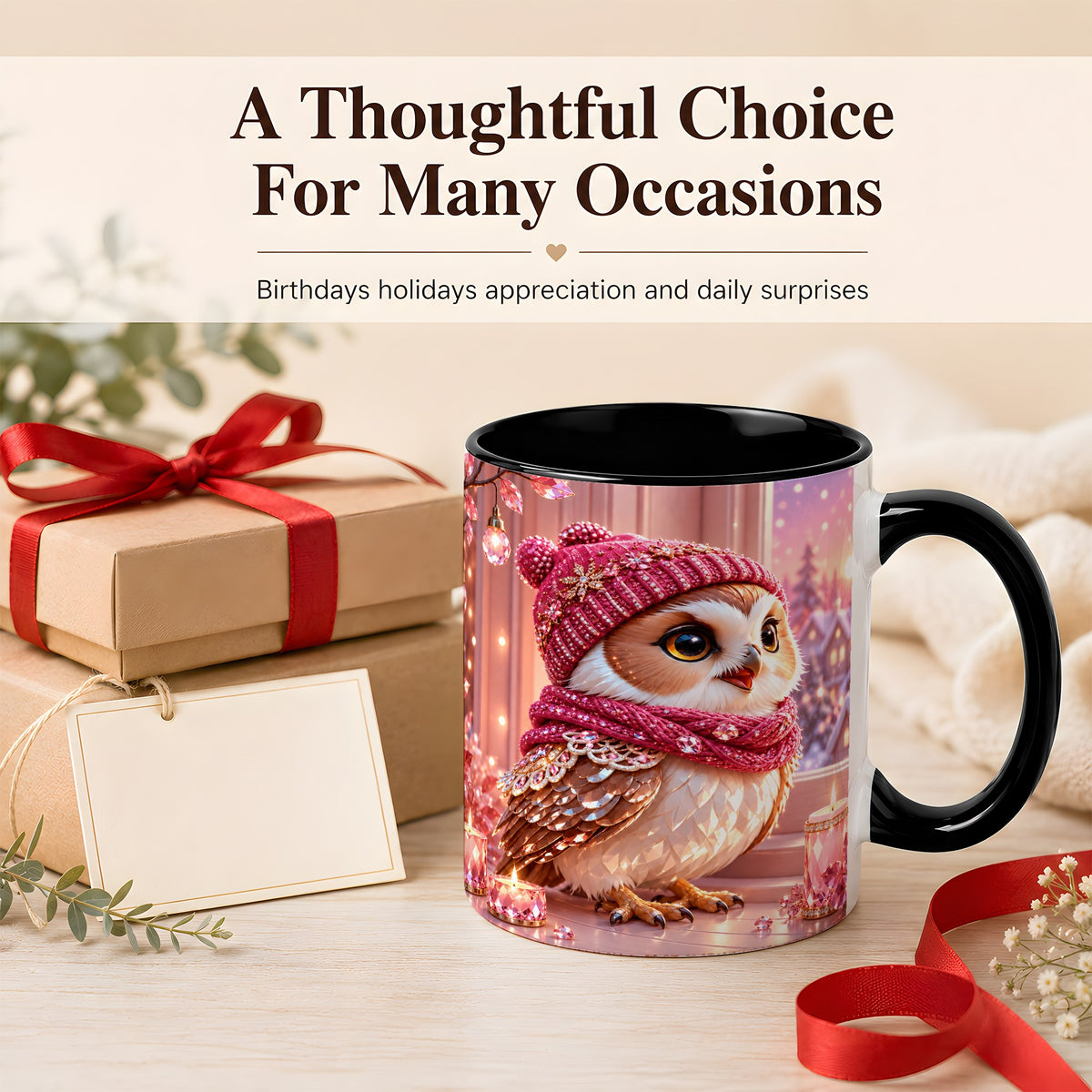 #pl[11oz|Black] Pink Winter Owl Coffee Mug, Cozy Owl Mug, Crystal Style Ceramic Cup