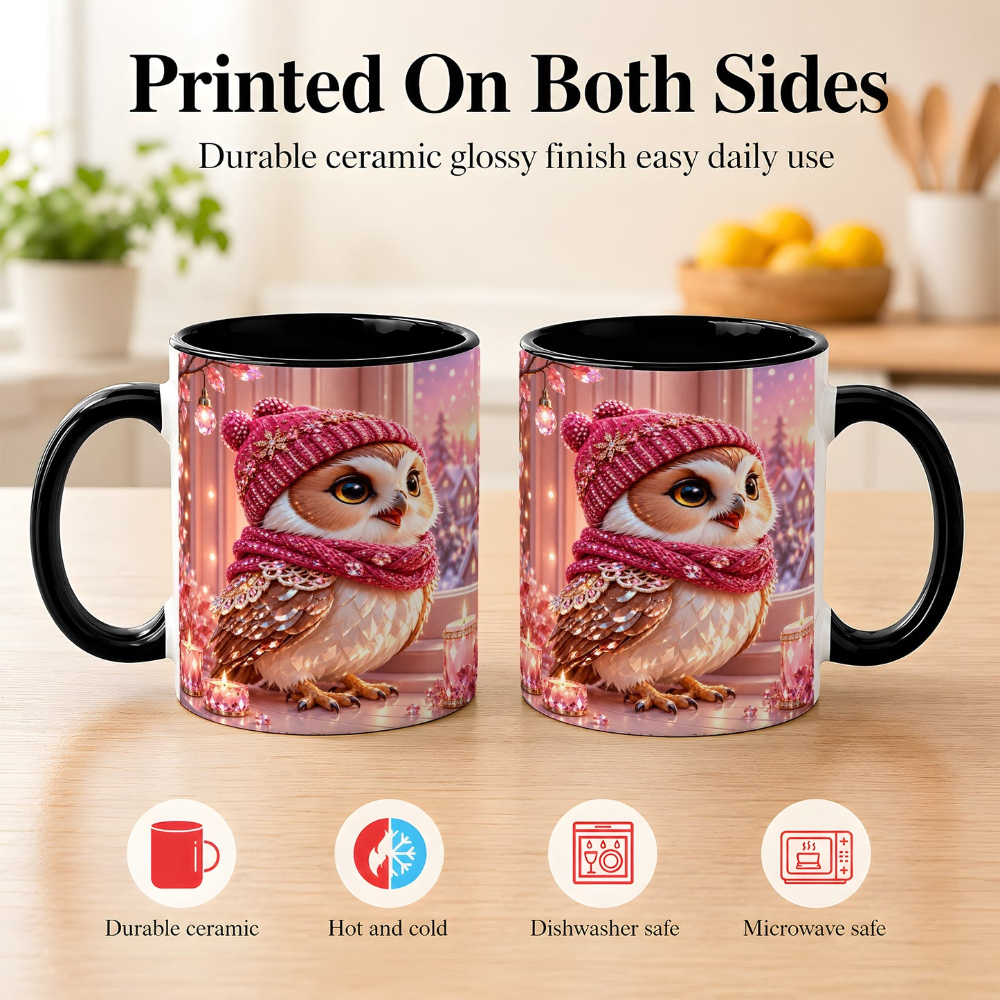#pl[11oz|Black] Pink Winter Owl Coffee Mug, Cozy Owl Mug, Crystal Style Ceramic Cup