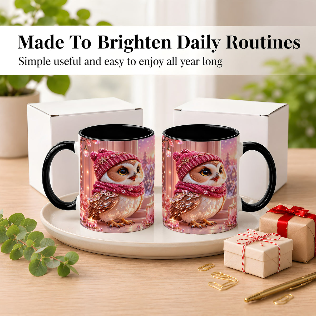 #pl[11oz|Black] Pink Winter Owl Coffee Mug, Cozy Owl Mug, Crystal Style Ceramic Cup