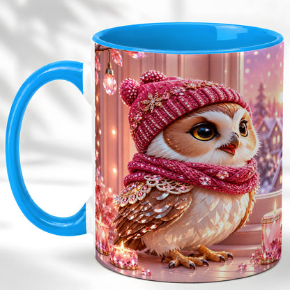 #pl[11oz|Blue] Pink Winter Owl Coffee Mug, Cozy Owl Mug, Crystal Style Ceramic Cup