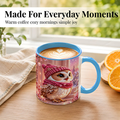 #pl[11oz|Blue] Pink Winter Owl Coffee Mug, Cozy Owl Mug, Crystal Style Ceramic Cup