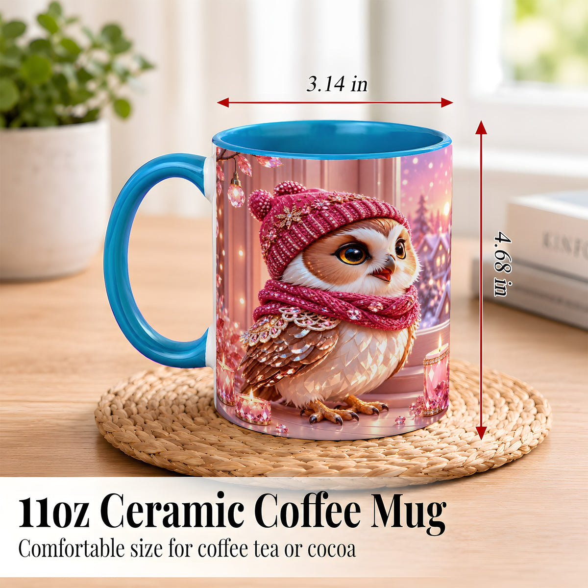#pl[11oz|Blue] Pink Winter Owl Coffee Mug, Cozy Owl Mug, Crystal Style Ceramic Cup