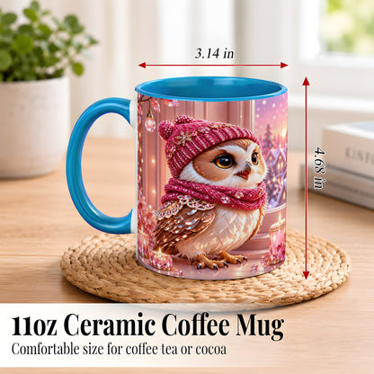 #pl[11oz|Blue] Pink Winter Owl Coffee Mug, Cozy Owl Mug, Crystal Style Ceramic Cup