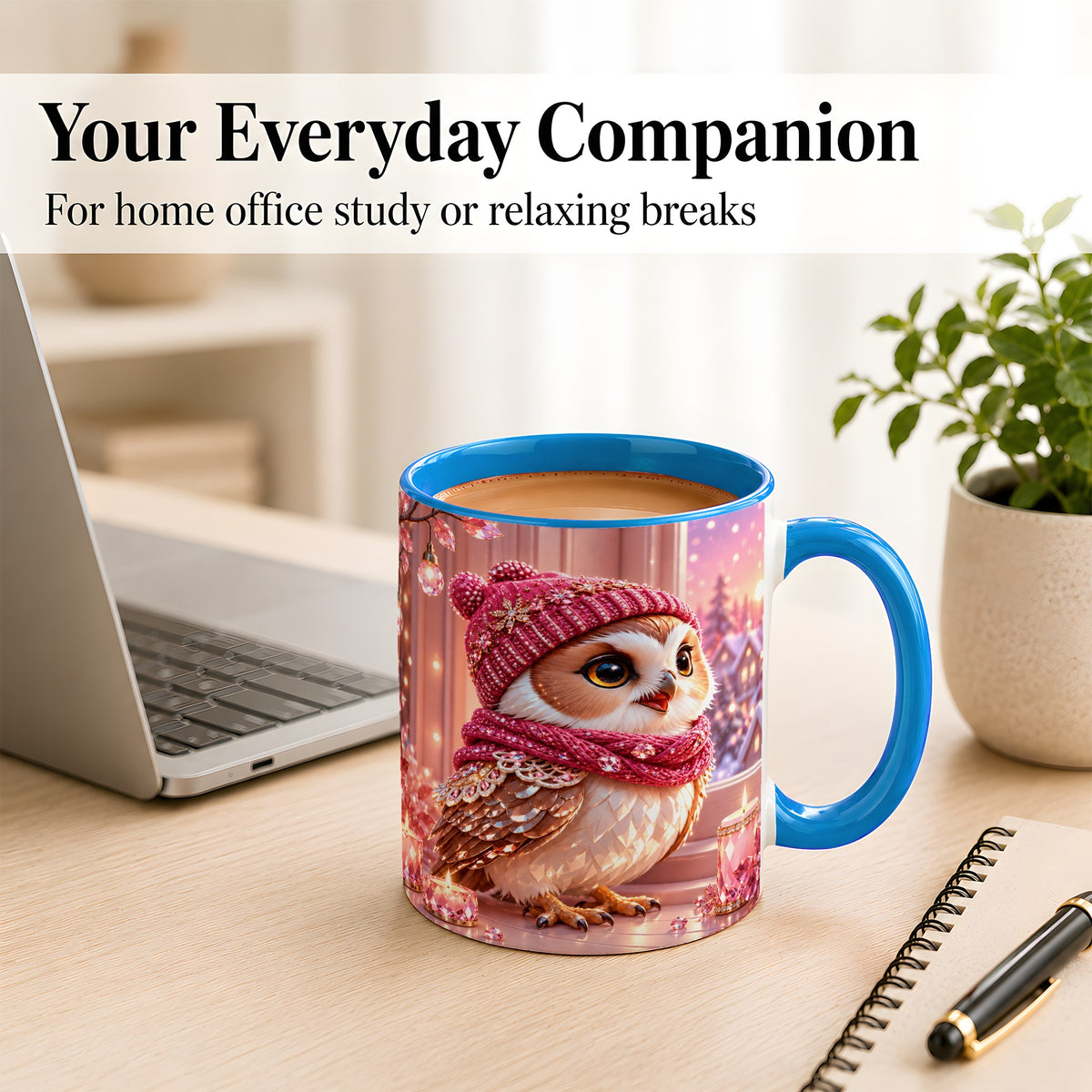 #pl[11oz|Blue] Pink Winter Owl Coffee Mug, Cozy Owl Mug, Crystal Style Ceramic Cup