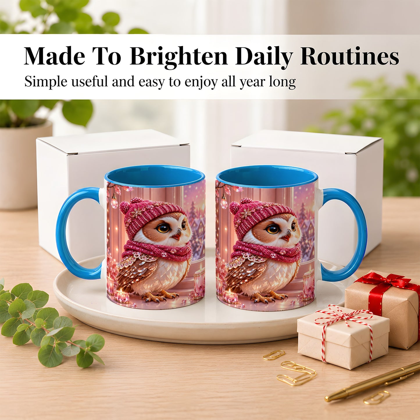 #pl[11oz|Blue] Pink Winter Owl Coffee Mug, Cozy Owl Mug, Crystal Style Ceramic Cup