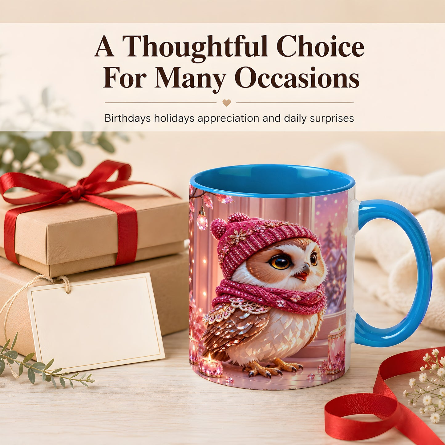 #pl[11oz|Blue] Pink Winter Owl Coffee Mug, Cozy Owl Mug, Crystal Style Ceramic Cup