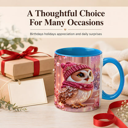 #pl[11oz|Blue] Pink Winter Owl Coffee Mug, Cozy Owl Mug, Crystal Style Ceramic Cup