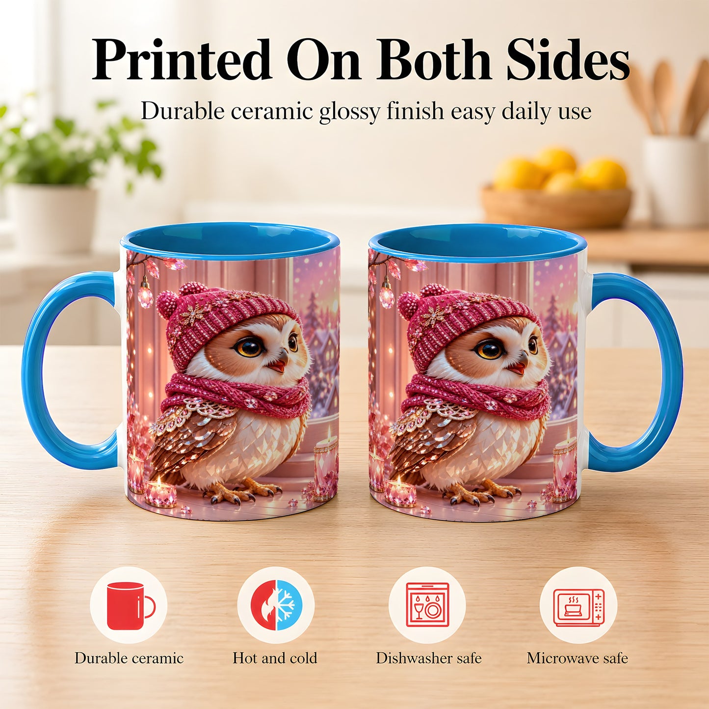 #pl[11oz|Blue] Pink Winter Owl Coffee Mug, Cozy Owl Mug, Crystal Style Ceramic Cup