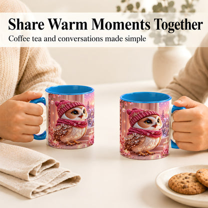 #pl[11oz|Blue] Pink Winter Owl Coffee Mug, Cozy Owl Mug, Crystal Style Ceramic Cup