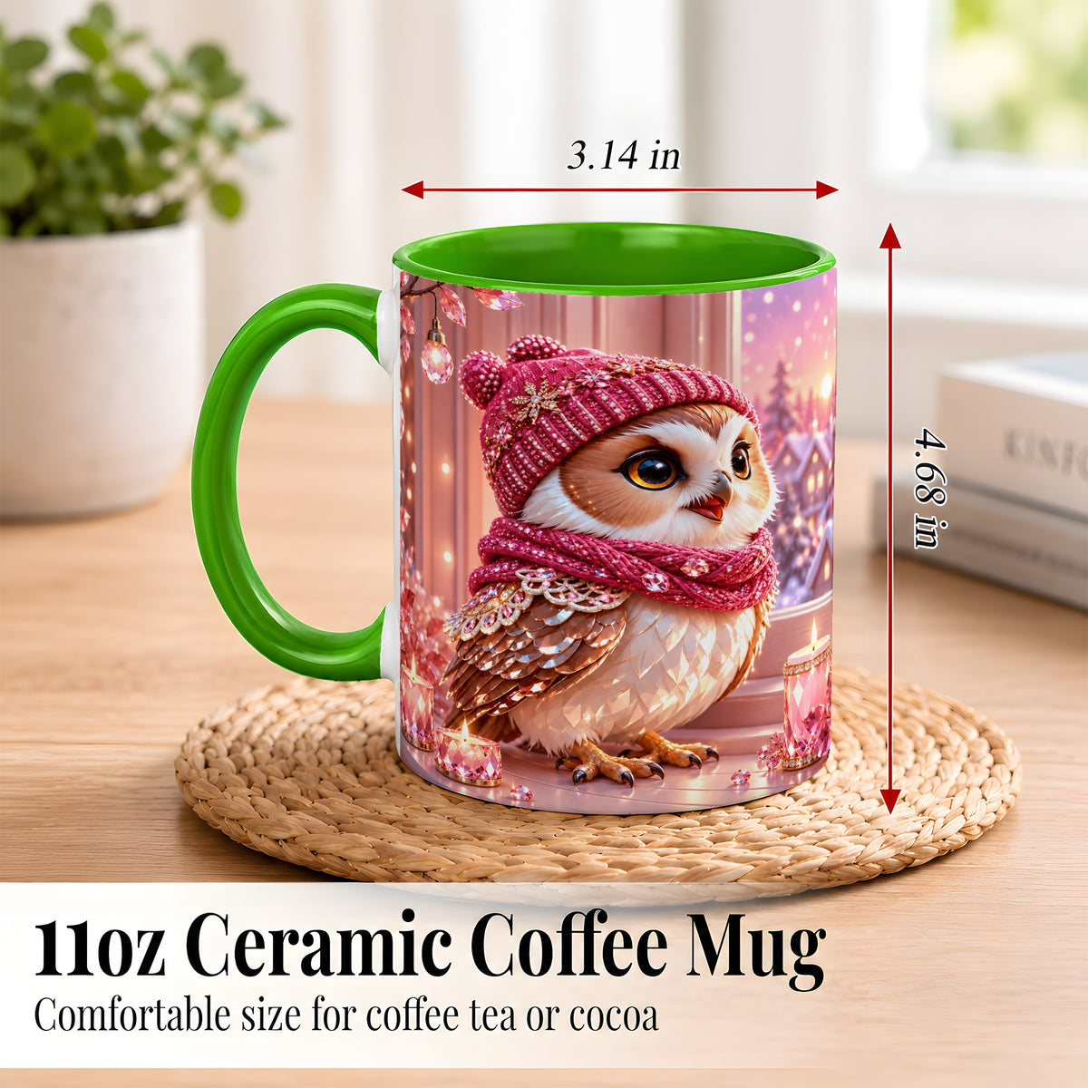 #pl[11oz|Green] Pink Winter Owl Coffee Mug, Cozy Owl Mug, Crystal Style Ceramic Cup