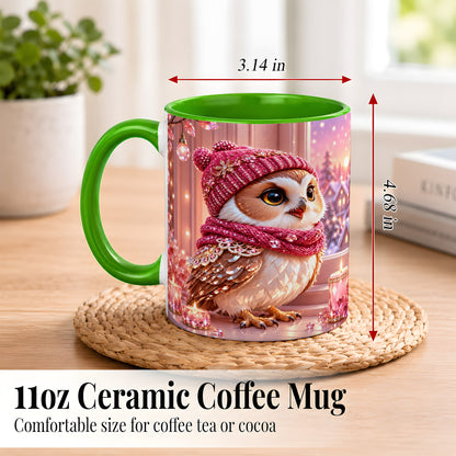 #pl[11oz|Green] Pink Winter Owl Coffee Mug, Cozy Owl Mug, Crystal Style Ceramic Cup