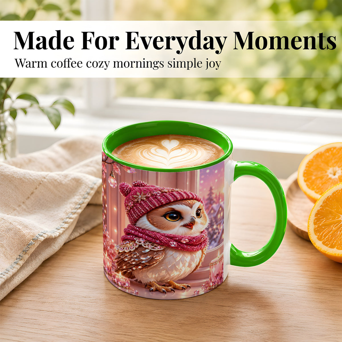 #pl[11oz|Green] Pink Winter Owl Coffee Mug, Cozy Owl Mug, Crystal Style Ceramic Cup