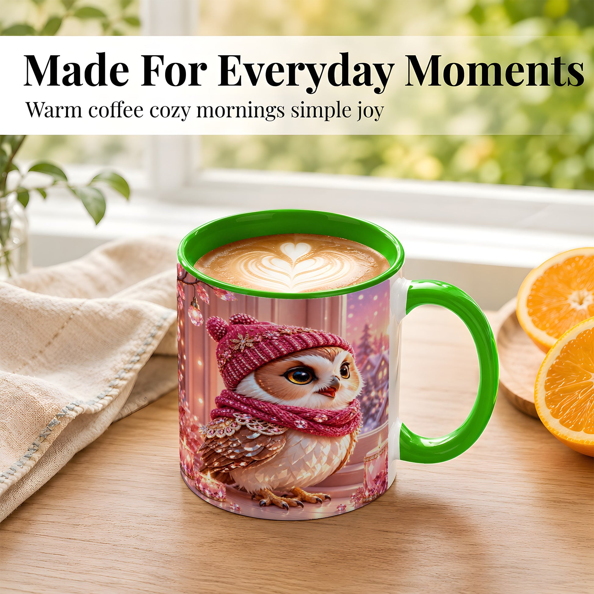#pl[11oz|Green] Pink Winter Owl Coffee Mug, Cozy Owl Mug, Crystal Style Ceramic Cup