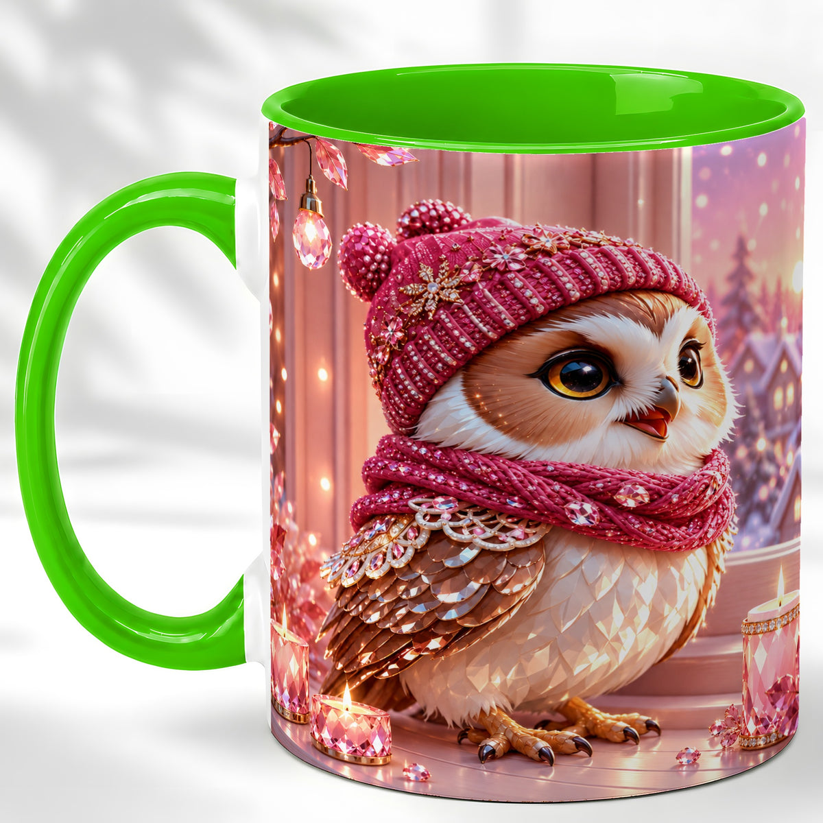 #pl[11oz|Green] Pink Winter Owl Coffee Mug, Cozy Owl Mug, Crystal Style Ceramic Cup