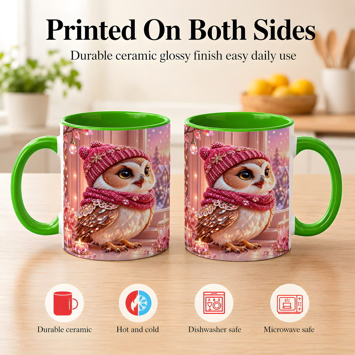 #pl[11oz|Green] Pink Winter Owl Coffee Mug, Cozy Owl Mug, Crystal Style Ceramic Cup