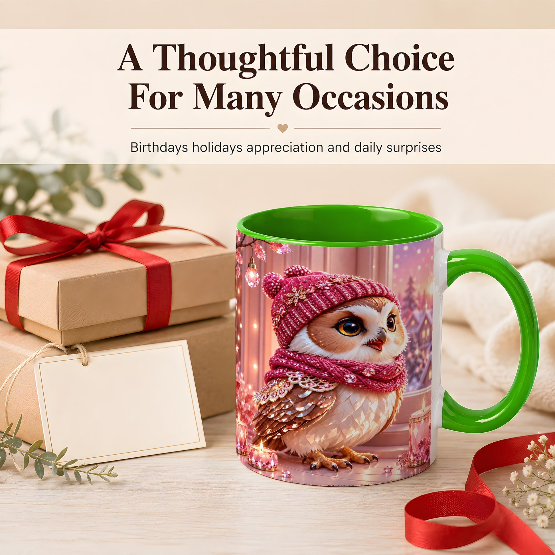 #pl[11oz|Green] Pink Winter Owl Coffee Mug, Cozy Owl Mug, Crystal Style Ceramic Cup
