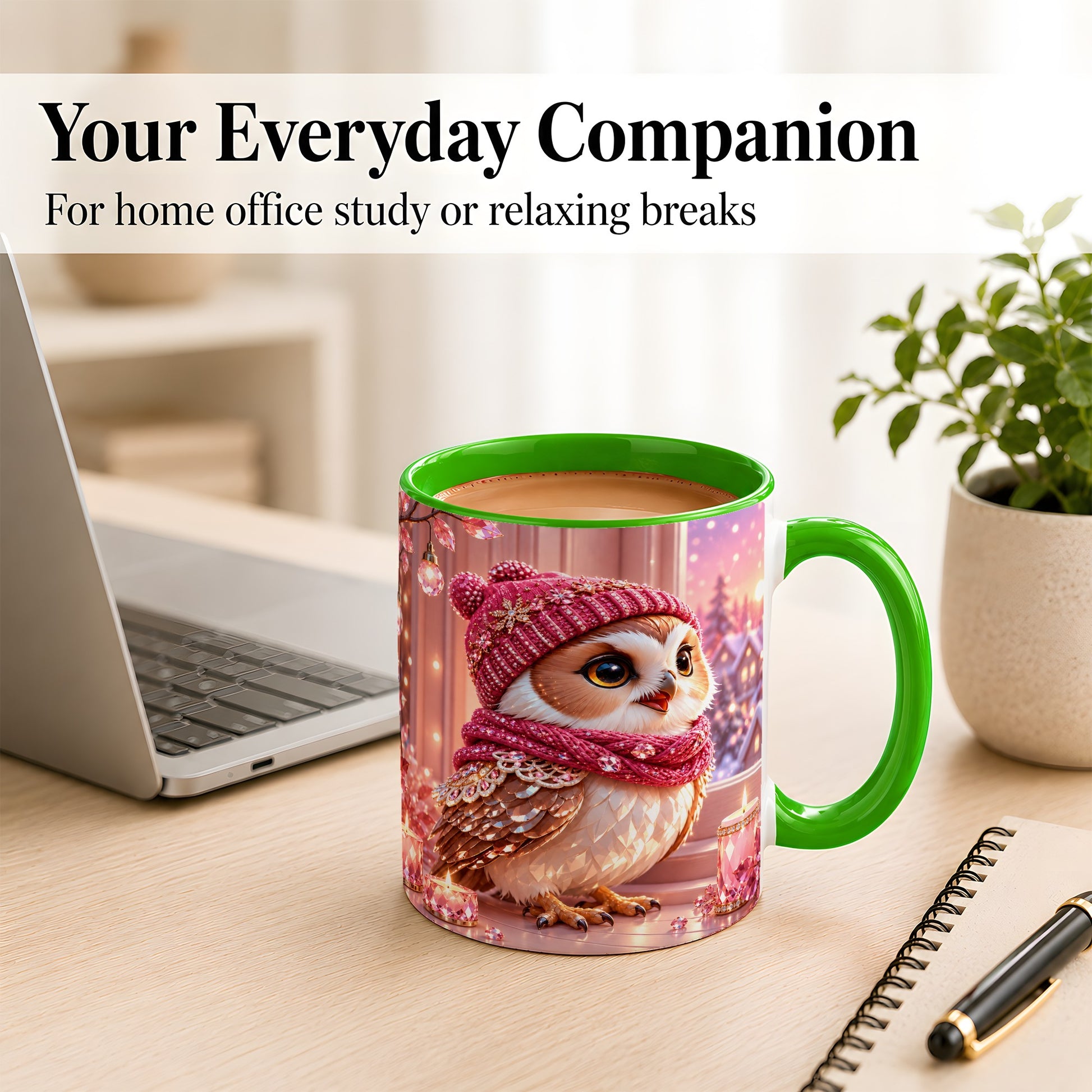 #pl[11oz|Green] Pink Winter Owl Coffee Mug, Cozy Owl Mug, Crystal Style Ceramic Cup