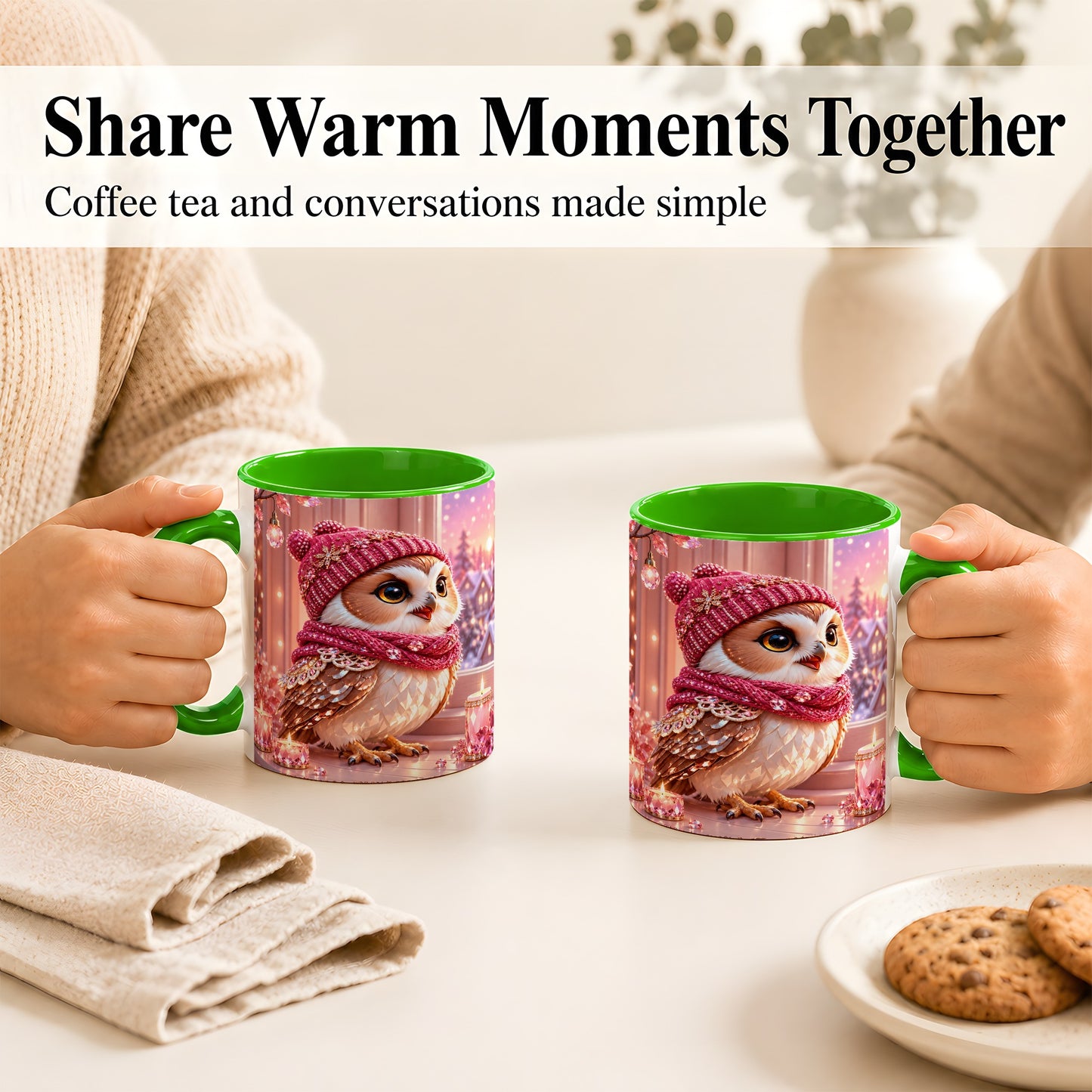#pl[11oz|Green] Pink Winter Owl Coffee Mug, Cozy Owl Mug, Crystal Style Ceramic Cup