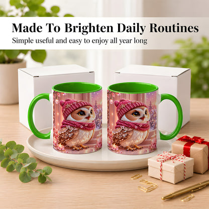 #pl[11oz|Green] Pink Winter Owl Coffee Mug, Cozy Owl Mug, Crystal Style Ceramic Cup