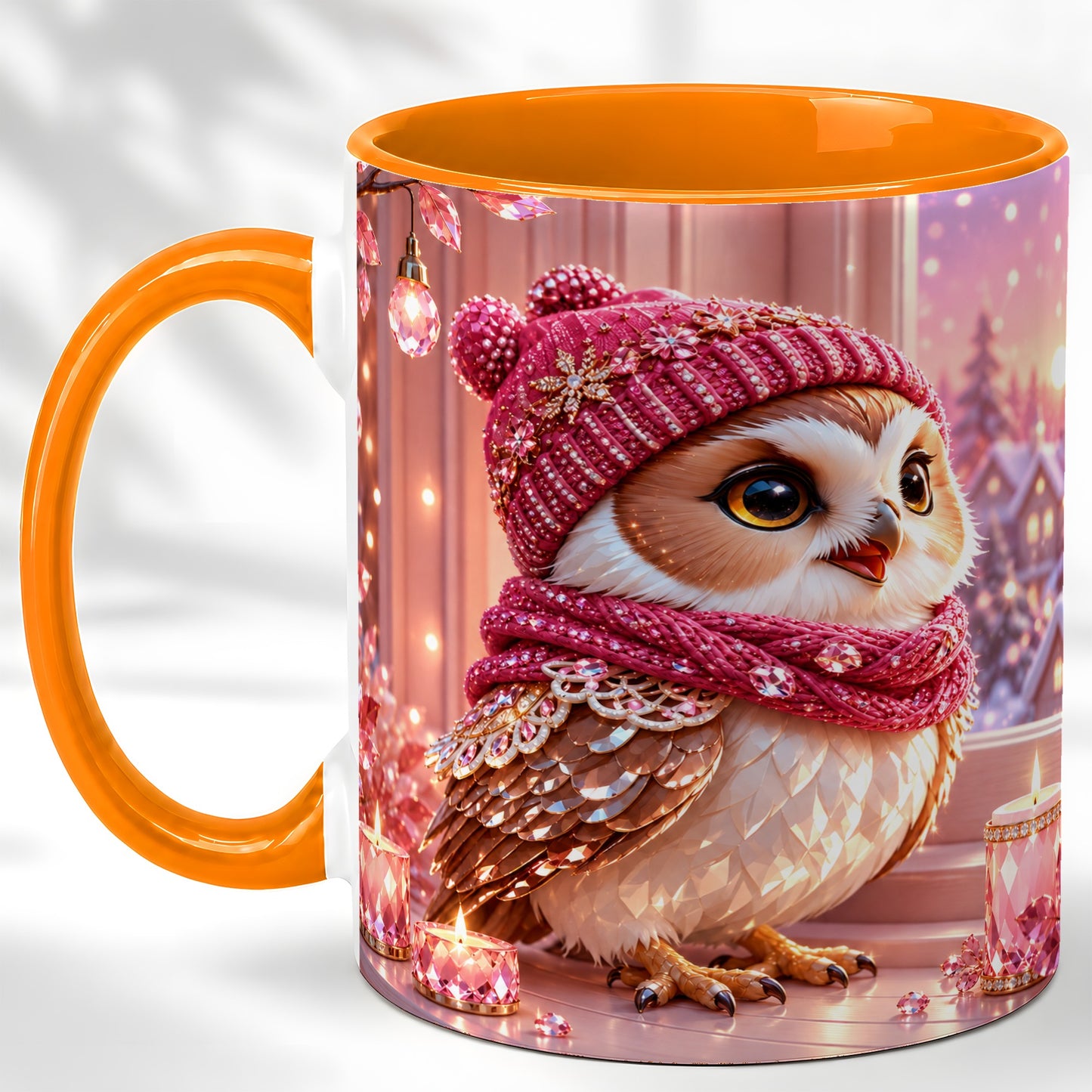 #pl[11oz|Orange] Pink Winter Owl Coffee Mug, Cozy Owl Mug, Crystal Style Ceramic Cup