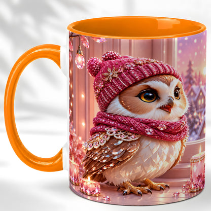 #pl[11oz|Orange] Pink Winter Owl Coffee Mug, Cozy Owl Mug, Crystal Style Ceramic Cup