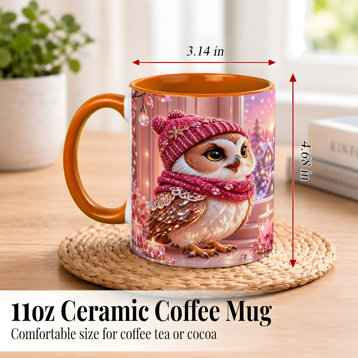 #pl[11oz|Orange] Pink Winter Owl Coffee Mug, Cozy Owl Mug, Crystal Style Ceramic Cup