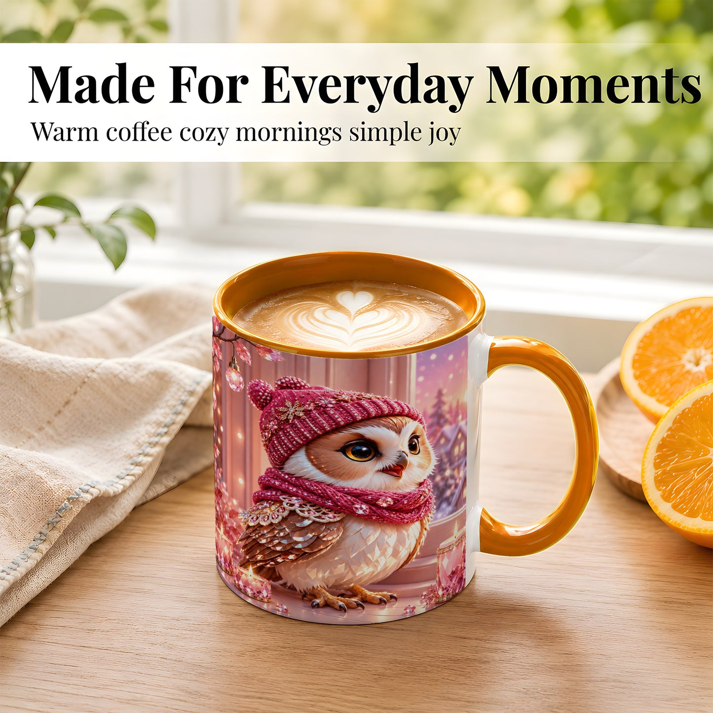 #pl[11oz|Orange] Pink Winter Owl Coffee Mug, Cozy Owl Mug, Crystal Style Ceramic Cup