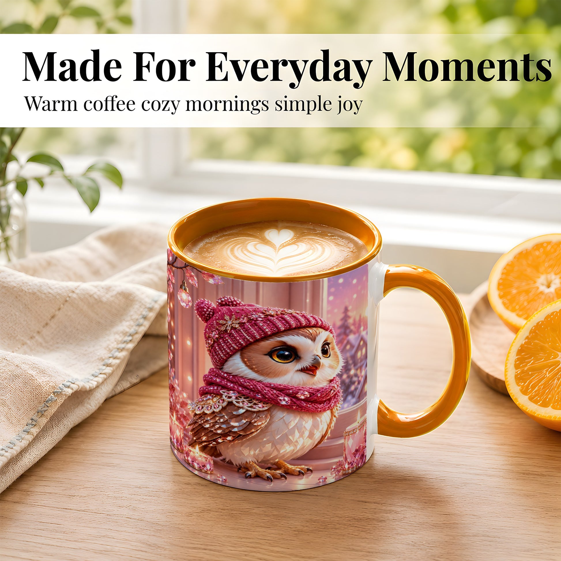 #pl[11oz|Orange] Pink Winter Owl Coffee Mug, Cozy Owl Mug, Crystal Style Ceramic Cup