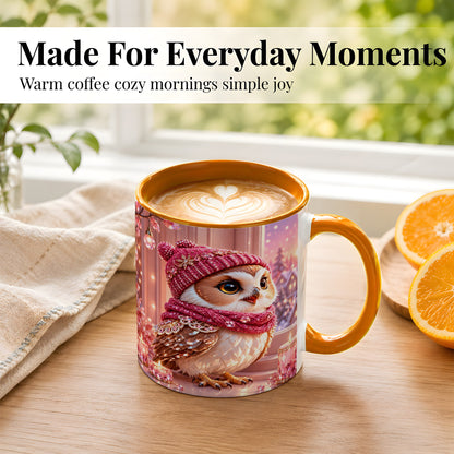 #pl[11oz|Orange] Pink Winter Owl Coffee Mug, Cozy Owl Mug, Crystal Style Ceramic Cup