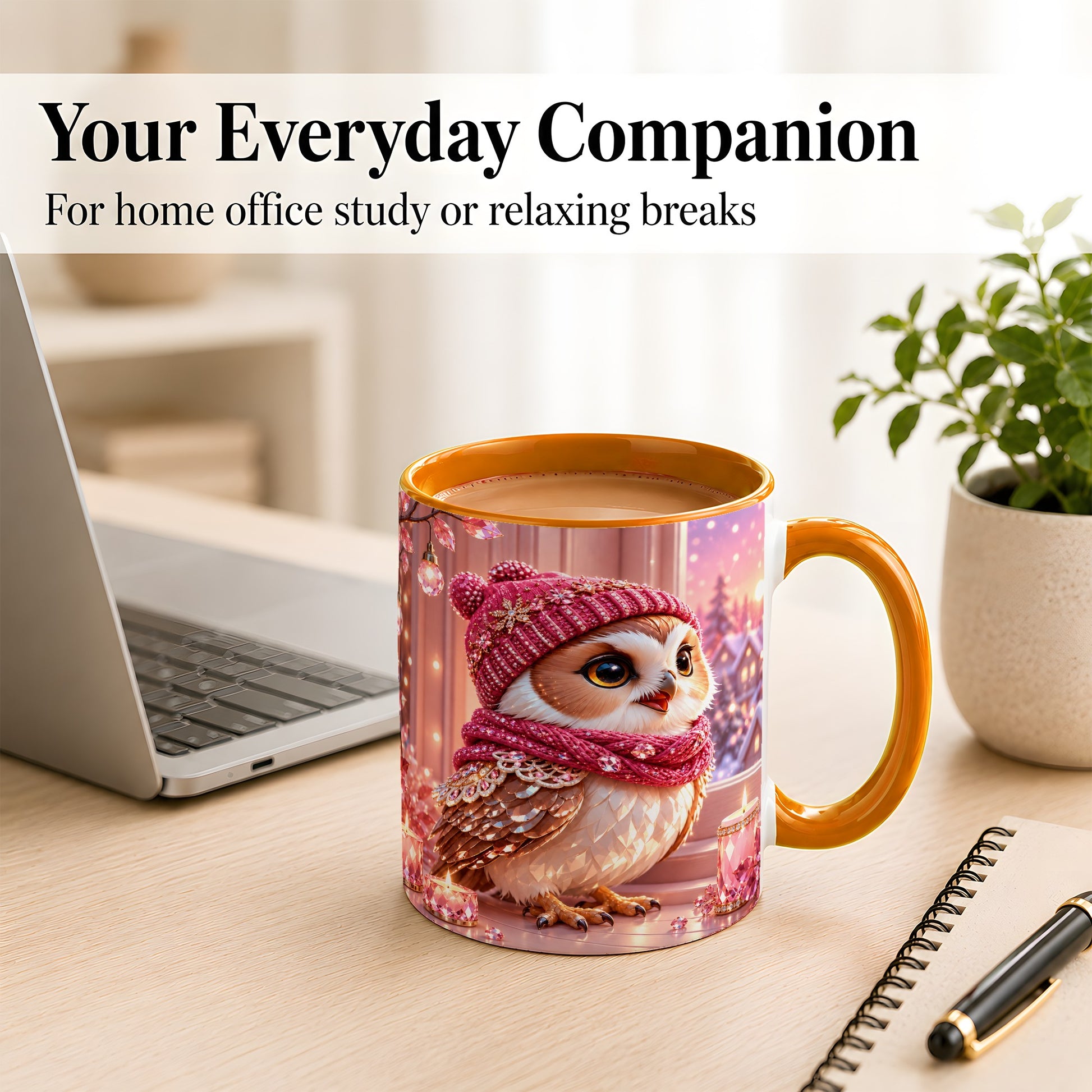 #pl[11oz|Orange] Pink Winter Owl Coffee Mug, Cozy Owl Mug, Crystal Style Ceramic Cup