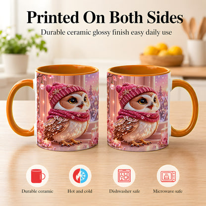 #pl[11oz|Orange] Pink Winter Owl Coffee Mug, Cozy Owl Mug, Crystal Style Ceramic Cup