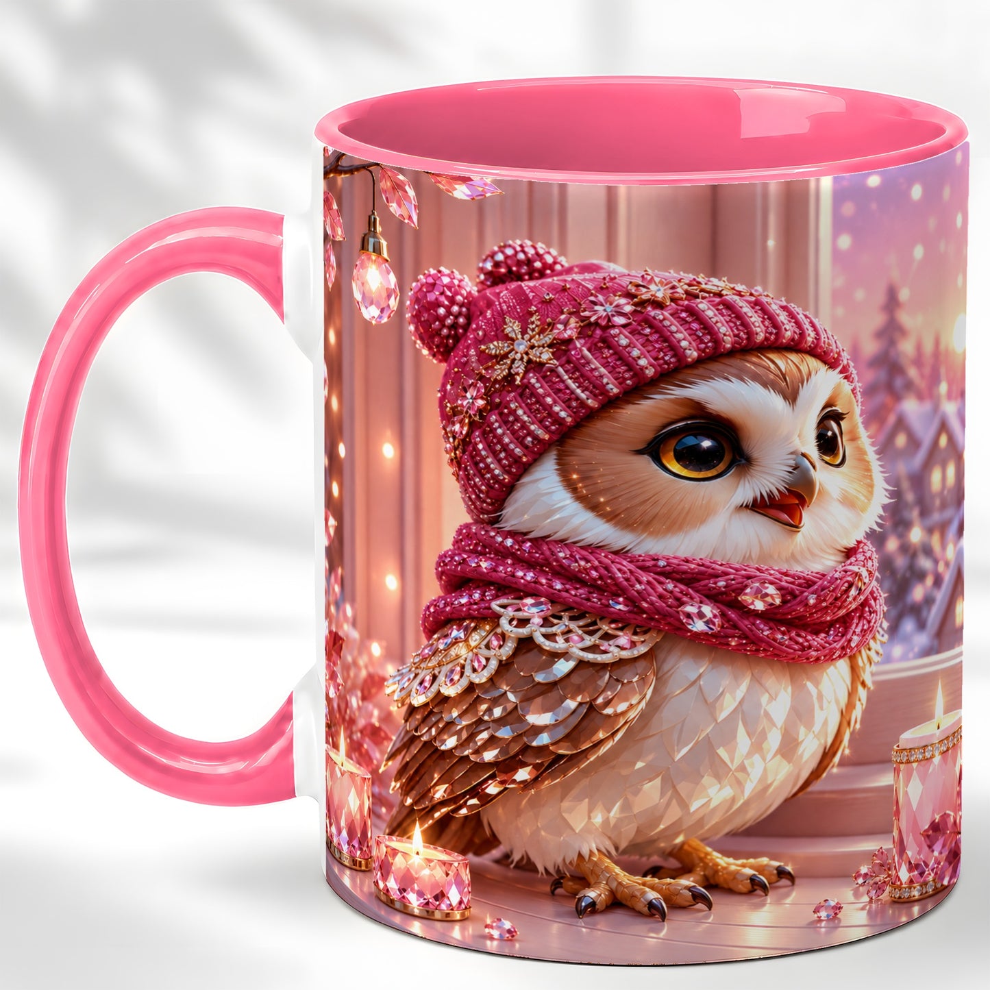 #pl[11oz|Pink] Pink Winter Owl Coffee Mug, Cozy Owl Mug, Crystal Style Ceramic Cup