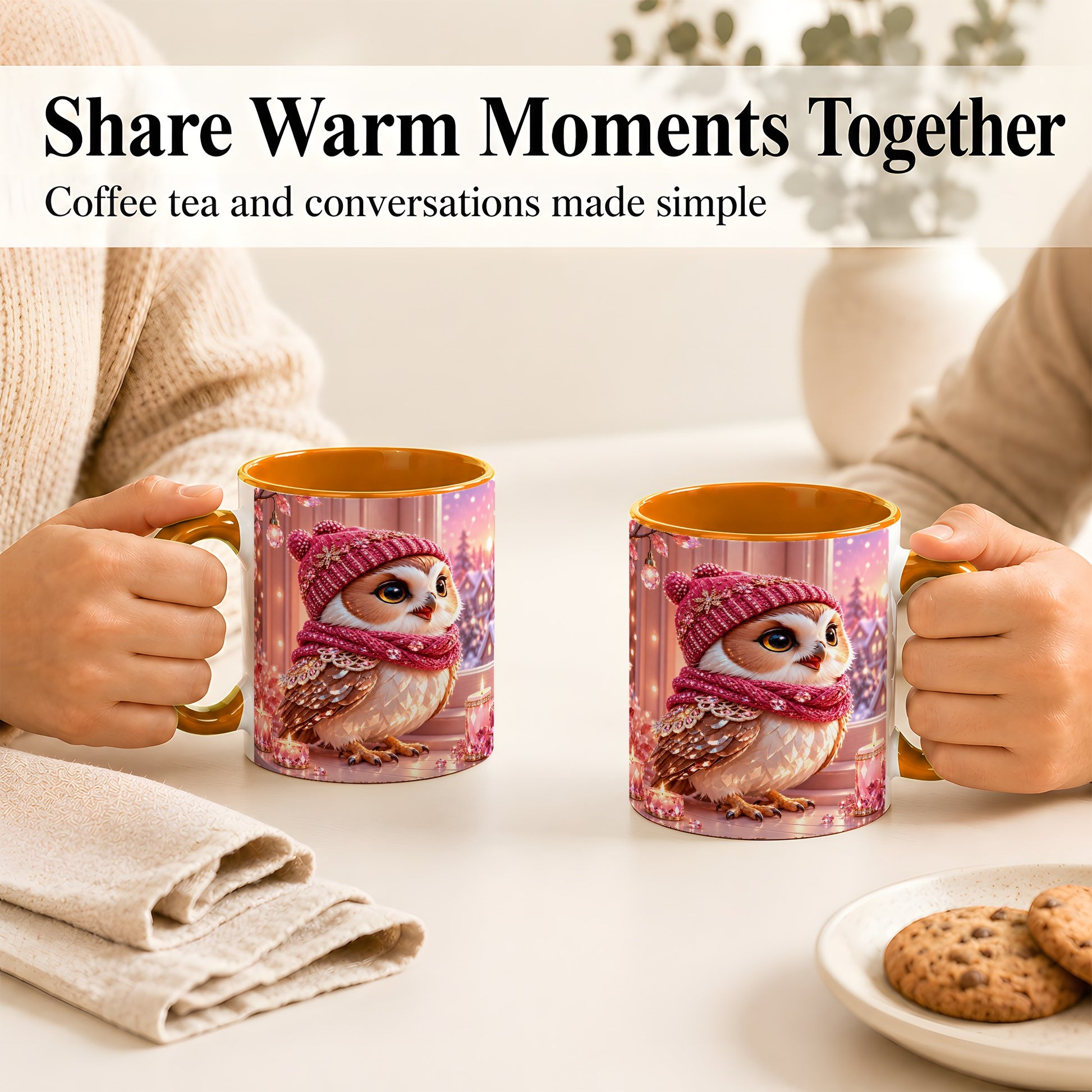 #pl[11oz|Orange] Pink Winter Owl Coffee Mug, Cozy Owl Mug, Crystal Style Ceramic Cup