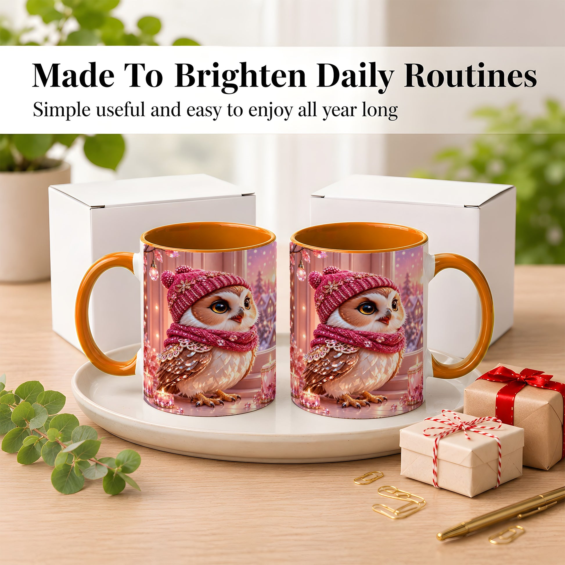 #pl[11oz|Orange] Pink Winter Owl Coffee Mug, Cozy Owl Mug, Crystal Style Ceramic Cup