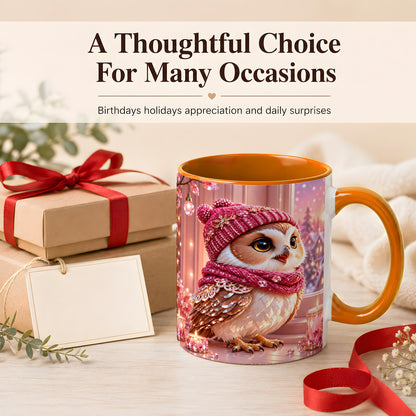 #pl[11oz|Orange] Pink Winter Owl Coffee Mug, Cozy Owl Mug, Crystal Style Ceramic Cup