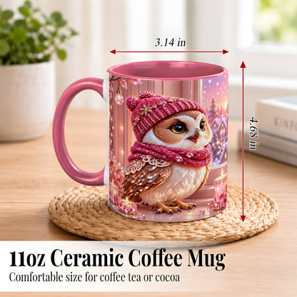 #pl[11oz|Pink] Pink Winter Owl Coffee Mug, Cozy Owl Mug, Crystal Style Ceramic Cup