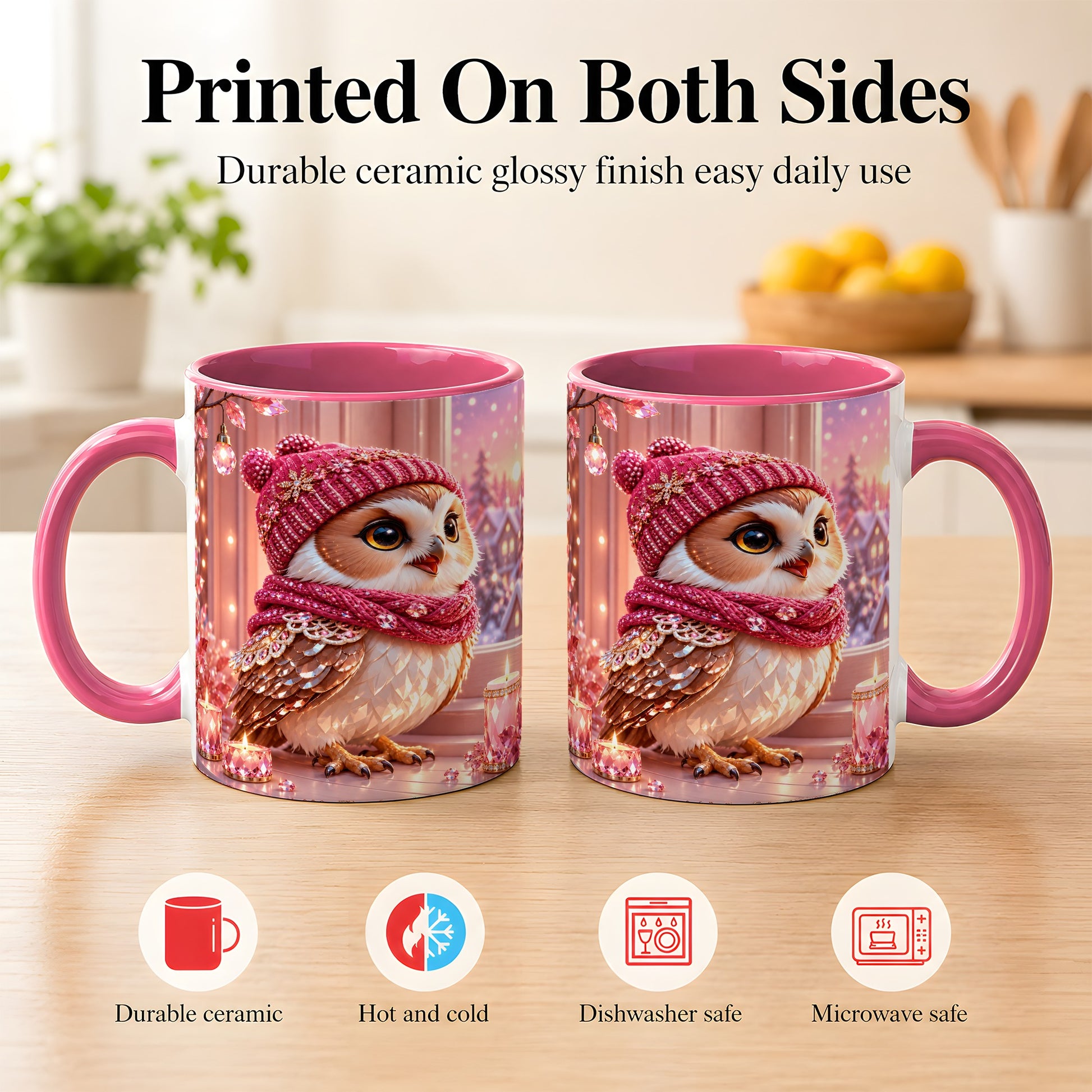 #pl[11oz|Pink] Pink Winter Owl Coffee Mug, Cozy Owl Mug, Crystal Style Ceramic Cup