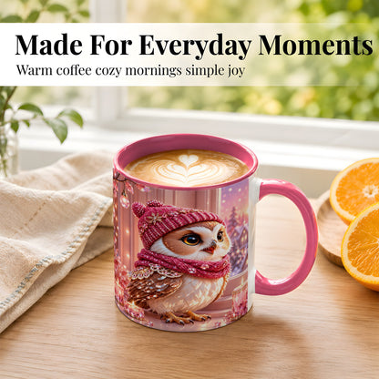 #pl[11oz|Pink] Pink Winter Owl Coffee Mug, Cozy Owl Mug, Crystal Style Ceramic Cup