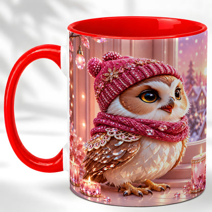 Pink Winter Owl Coffee Mug, Cozy Owl Mug, Crystal Style Ceramic Cup